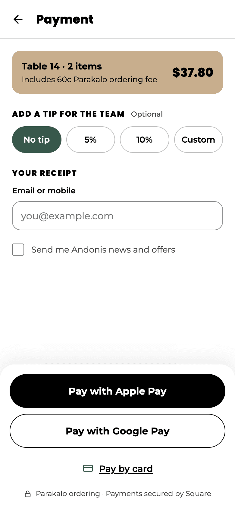 The payment screen, with the total, an optional tip and Apple Pay, Google Pay or card