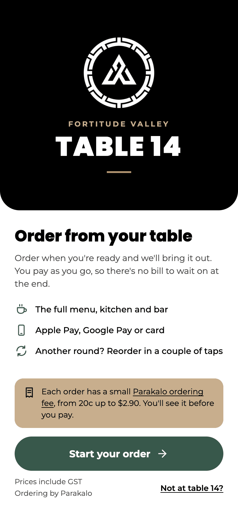The welcome screen for table 14, which explains the ordering fee before the menu opens